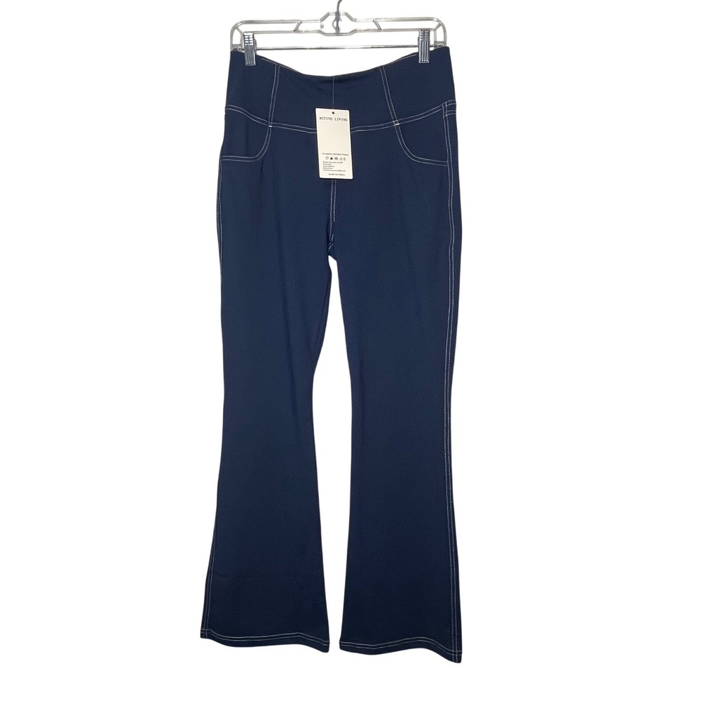 Veaardamye Navy Blue Bootcut Yoga Pants Contrast Stitch High Waist Size L